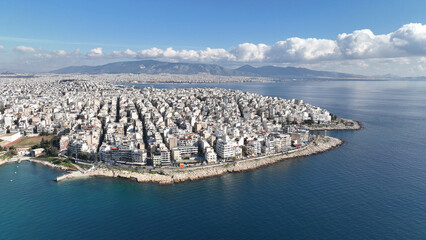 Aerial drone photo of famous dense populated district of Piraeus, Peiraiki or Freatida, Attica,...