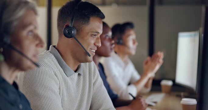 Call center, business people and team communication, global office and telemarketing diversity. Telecom, technical support or virtual help desk agent, consultant or ecommerce worker talk on computer