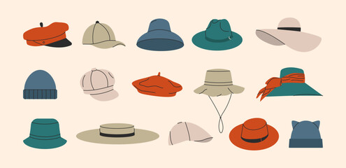 Cartoon hats. Brimmed hat panama cap beret fedora, stylish headwear accessories, doodle fancy clothing. Vector flat set © Yelyzaveta