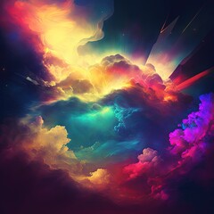 Abstract sky of colorful neon clouds, sunbeams shine through, illustration made with Generative AI
