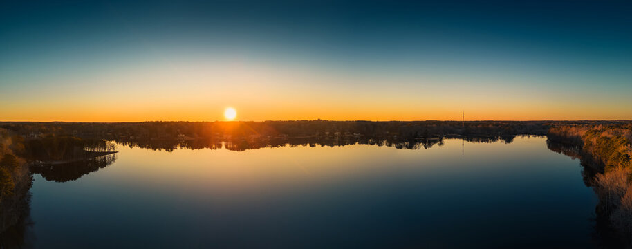 Beautiful aerial view of a lake at sunset, nature. ozark lakes, peachtree city.