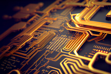 Macro Close up of Gold and Black Circuit Board. Generative ai