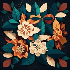 Floral geometric pattern,  organic mandala, leaves and flowers, geometrical shapes, desktop walpaper, motive for background, Generative AI