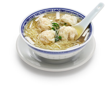 Hong Kong Style Wonton Noodle soup isolated on white background