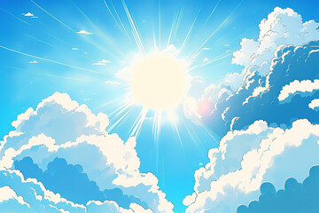 Blue sky with clouds. Anime style background with shining sun and white fluffy clouds. Sunny day sky scene cartoon  illustration. Heavens with bright weather, summer season outdoor, art illustration 