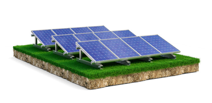 Solar panels on terrain with grass in 3d realistic render

