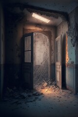 illustration of an abandoned living room, showing a broken wall, an image generated by AI