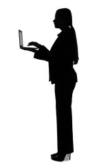 Silhouette of young businesswoman using laptop on white background