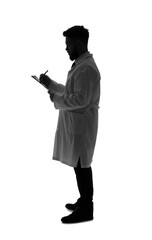 Silhouette of male doctor writing in clipboard on white background