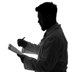 Silhouette of male doctor writing in clipboard on white background