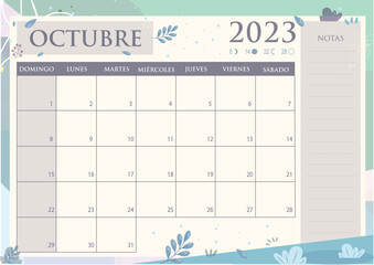 Calendario 2023 en Español - Tamaño A4 - Mes de Octubre - Spanish Calendar