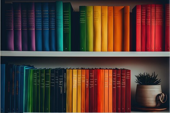  a row of books on a shelf with a potted plant in front of them and a rainbow bookcase behind it with a rainbow book on the shelf and a white background with a. Generative AI 