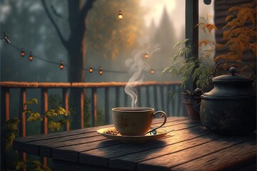 a cup of coffee on a wooden table with a teapot and pot on it, with a string of lights in the background, on a deck with a tree and a porch with lights. Generative AI 