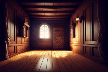 Beautiful fantastic background, location with wooden buildings, and rooms. Game concept, wallpaper. Generated AI.