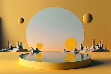 Outdoor kussens platform with yellow wall panels that circles the water. Simple landscape mockup for a banner promoting a product in hues of the setting sun. Mockup for a modern design promotion. a spacey, geometric © AkuAku