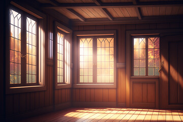 Beautiful fantastic background, location with wooden buildings, and rooms. Game concept, wallpaper. Generated AI.