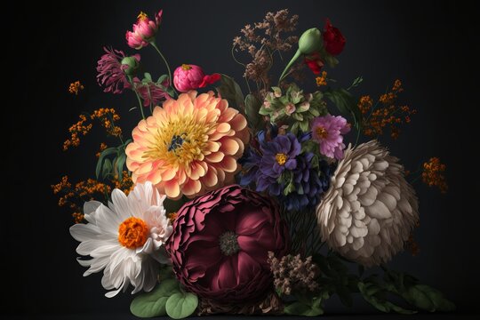 Vintage bouquet of beautiful flowers on black background. Generative AI

