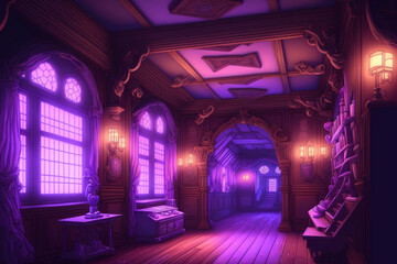 Beautiful fantastic background, location with wooden buildings, and rooms. Game concept, wallpaper. Generated AI.