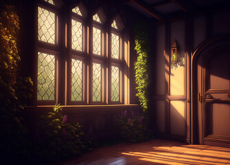 Beautiful fantastic background, location with wooden buildings, and rooms. Game concept, wallpaper. Generated AI.