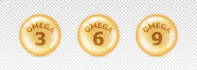 Omega 3, 6, 9. Set fish fatty. Vitamin isolated on transparent background. Nutrient icon. Yellow orb pil. Big shape glass circle. Oil 3d bubble. Round sphere concentrate nutrition. Vector illustration - obrazy, fototapety, plakaty