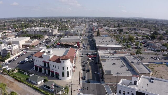 Daytime aerial view of the historic urban core of downtown Bellflower, California, USA.