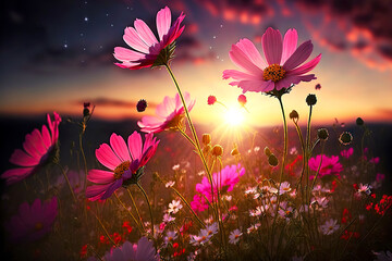 beaful flowering meadow of cosmos flowers against background of pink sunset