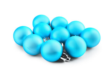 Heap of blue Christmas balls on white background