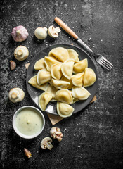 Dumplings with sour cream, garlic and mushrooms.