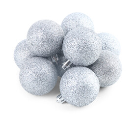 Heap of silver Christmas balls on white background