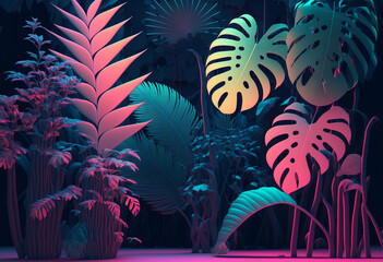 Ai-Generated Abstract Neon Render: A Futuristic Tropical Landscape in Vibrant 8K High-Resolution Digital Art (AI)