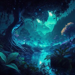 Fototapeta na wymiar luminescent fantasy night forest