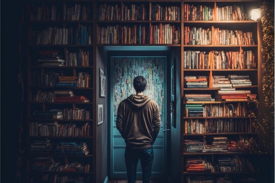  A Man Standing In Front Of A Book Shelf Filled With Books And Bookshelves In A Library With A Man Standing In The Doorway Looking Out Of The Bookcases Of The Room.