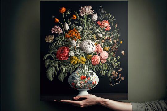 a painting of a vase with flowers in it being held by a person's hand in front of a black background with a green wall and white frame with a black background and white border. Generative AI 