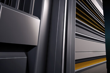 Obraz premium A close up or illustration of gleaming steel and aluminum profiles and hardware for engineering and building in a storage facility. Generative AI