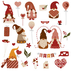 set of isolated valentines day gnome elements