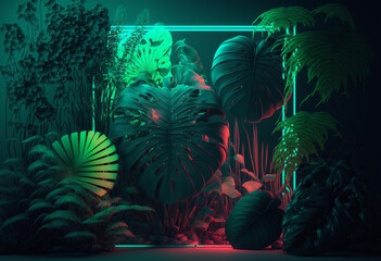 Ai-Generated Neon Abstract Render: A Vibrant, Glowing, and Illuminated 3D Jungle Scene of Colorful Geometric Shapes and Patterns in a Futuristic, Surrealistic, and Dreamy Environment