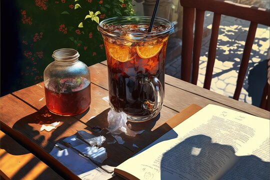  a glass of tea and a book on a table outside on a sunny day with a shadow cast on the table and a book on the table with a shadow cast on the table,. Generative AI 