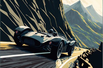Fototapeta na wymiar a car driving down a mountain road with a mountain in the background and a person in the front seat driving a car on the road with a mountain in the background and a cliff behind. Generative AI 