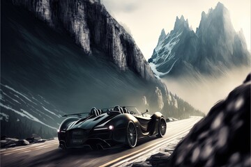 Fototapeta na wymiar a car driving down a mountain road with mountains in the background and fog in the air above it, and a person standing on the side of the road looking at the car, with. Generative AI 