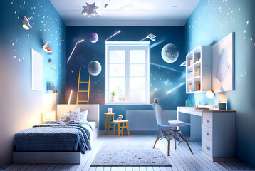 Minimal and cute kid children room idea inspirational  architectural design mattepainting illustration with shelves, chairs, bed and windows