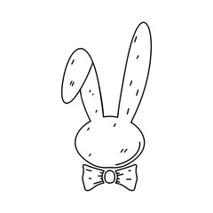 Funny bunny in hand drawn doodle style. Cute bunny sitting. Domestic animal. Coloring page activity. Isolated on white background.
