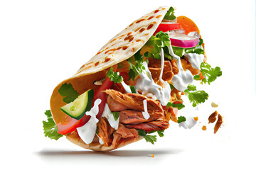 Flying kebab in a tortilla wrap with vegetables and sauce