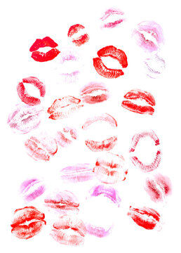 Lipstick kiss marks on white background