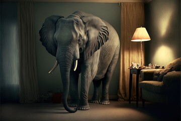 Obraz premium an elephant standing in a room next to a lamp and a chair with a lamp on it's side and a chair in the background with a lamp on the floor and a chair. Generative AI