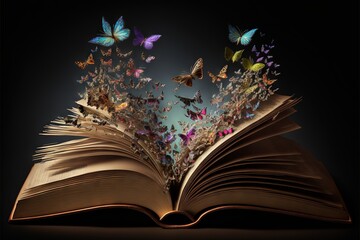  a book with butterflies flying out of it on a table top with a black background and a black background with a black background and a black background with a black border and white. Generative AI