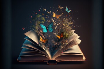  a book with butterflies flying out of it and a book open to the pages, with a bookmark in the middle of the book, and a book with a book in the middle. Generative AI
