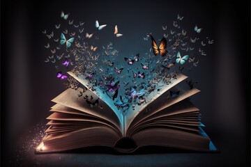  a book with butterflies flying out of it on a table top with a black background and a black background with a black background and a blue background with a black border and white. Generative AI