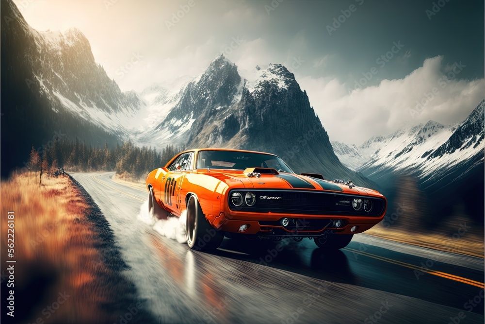 Sticker  a car driving down a road with mountains in the background and clouds in the sky above it, with a bright orange car driving on a wet road with a mountain background and snow covered. Generative AI