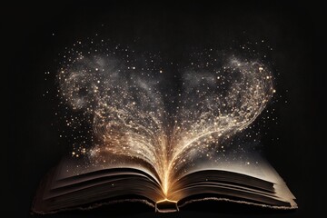  an open book with a glowing light coming out of it's pages on a black background with a black background and a black background with a white border with a light and a book. Generative AI