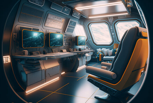 A Private Modern Room In A Spaceship With Desk And Sofa In Cramped Space, Concept Of Traveling Or Living In Space. Generative AI